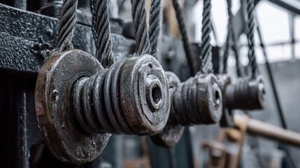 Close-up of worn-out metallic weights and cables used in a gym setting, highlighting the textures and rustic charm of workout equipment.