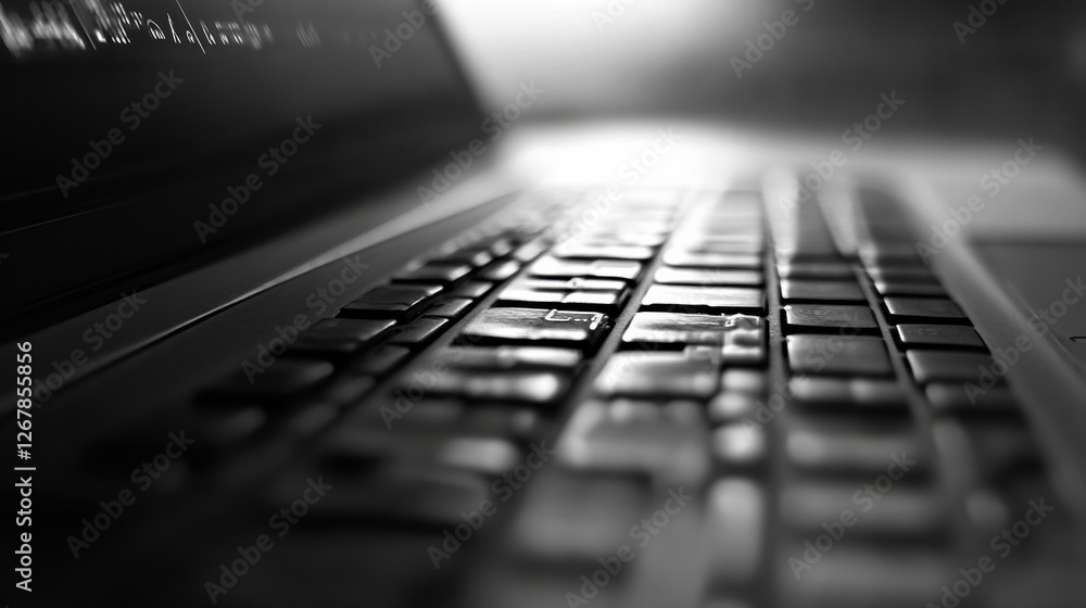 Poster close up of a laptop keyboard with backlight highlighting keys in a dimly lit room during late night