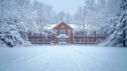 winter snow covered school exterior with frosty yard outdoor play area perfect for childhood adventures learning environment and cold weather outside