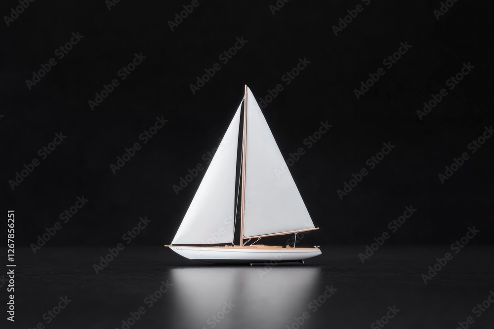 Poster minimalist studio shot of small sailboat model placed on solid black background illuminated by focus