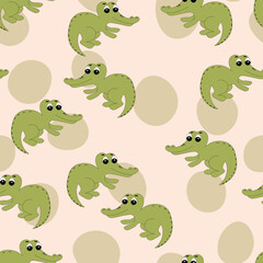 Animal seamless pattern with cartoon crocodiles on color background. Cute holiday illustration with crocodile for baby. Design for invitation, poster, card, fabric, textile, wrapper.