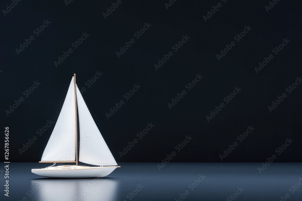 Poster minimalist studio shot of small sailboat model placed on solid black background illuminated by focus