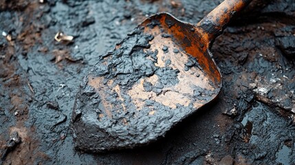 Fototapeta premium A weathered metal shovel rests on muddy ground, showcasing a mix of black sludge and earth, highlighting the tools of outdoor work or gardening.