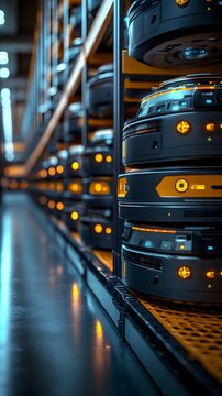 Fully automated warehouse with AI-driven robots, advanced logistics, and Ultra HD VR, showcasing efficiency and order. Ideal for smart logistics, e-commerce, or robotic innovation in warehousing.