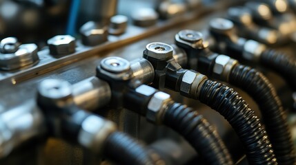 Naklejka premium Close-up view of metallic hydraulic pipes and connectors, showcasing intricate details on a machine component in industrial settings.