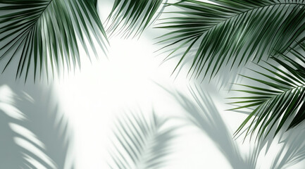 Fototapeta premium Lush green palm leaves cast shadows against a light background, creating a serene atmosphere.