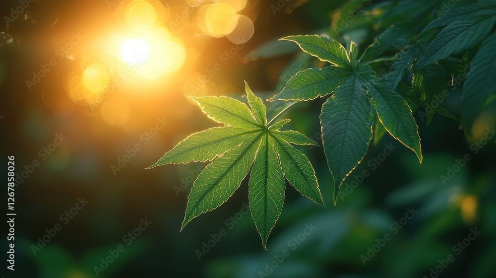 Poster sunlight filtering through green leaves, creating a serene atmosphere.