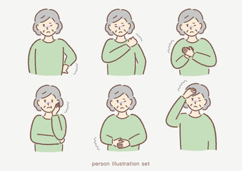 身体が痛い女性シニアのイラストセット