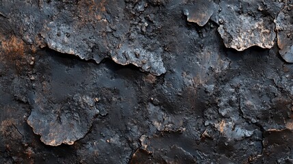 Fototapeta premium A close-up of a textured surface displaying rough, dark metal with peeling layers and hints of rust, creating a striking industrial aesthetic.