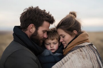 Fototapeta premium moving portrait of family huddled together on worn-out blanket parents protecting their children from cold with backdrop