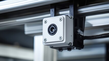 Close-up of a high-tech camera mounted on automated machinery, showcasing modern industrial technology and precision engineering.