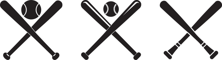 set of crossed baseball bat silhouette, black and white silhouette, vector and illustration