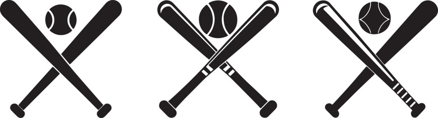 set of crossed baseball bat silhouette, black and white silhouette, vector and illustration