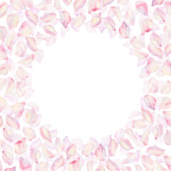 Fototapeta premium Frame with sakura flowers on background. Spring blooming cherry blossom flowers for Hanami festival. Delicate shades of pink, lilac, lilac, purple petals. Watercolor template for card, poster, web