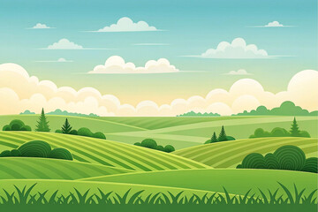 Obraz premium Rolling green hills farmland landscape, sunny day, idyllic rural scene, website banner
