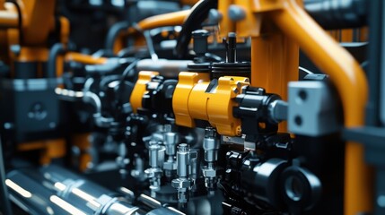 Fototapeta premium Close-up shot of an intricate industrial machine with orange and black components showcasing mechanical precision and engineering excellence.