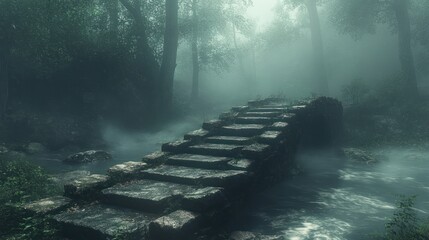 Foggy forest path with stone bridge
