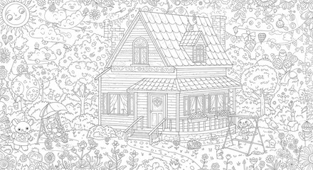 Naklejka premium Detailed House & Home Building Design Coloring Book: Outline Sketch Doodle Illustrations with Page Drawing Elements