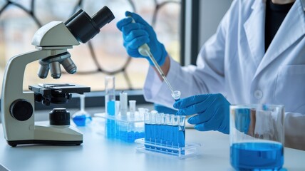 Scientist in lab coat works with microscope and chemicals