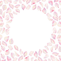 Fototapeta premium Frame with sakura flowers on background. Spring blooming cherry blossom flowers for Hanami festival. Delicate shades of pink, lilac, lilac, purple petals. Watercolor template for card, poster, web