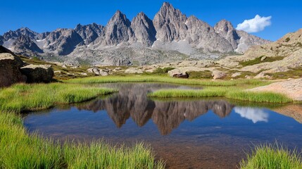 Mountain lake reflection, alpine landscape, summer