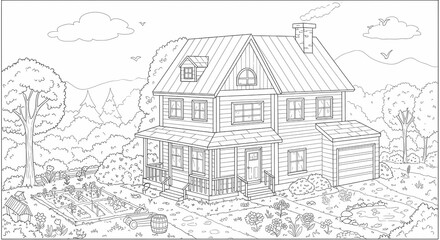 Obraz premium Detailed House & Home Building Design Coloring Book: Outline Sketch Doodle Illustrations with Page Drawing Elements