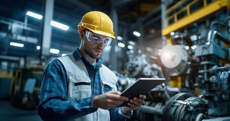 Factory worker inspecting machinery with tablet. Safety glasses and hard hat are worn.