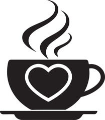 coffee cup with heart silhouette, black and white silhouette, vector and illustration