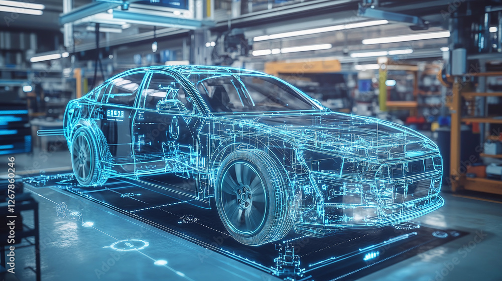Poster car blueprint in factory setting: futuristic visualization of vehicle production, highlighting engin