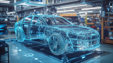 Fototapeta premium Car blueprint in factory setting: Futuristic visualization of vehicle production, highlighting engineering design and automated manufacturing processes.