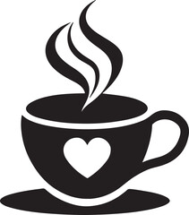 coffee cup with heart silhouette, black and white silhouette, vector and illustration