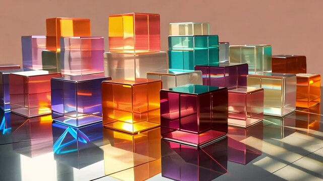 Colorful transparent cubes with glowing candles inside. Creates futuristic, ethereal atmosphere for modern interior design and innovative home decor concepts.