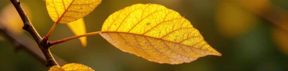Obraz premium Close-up of shiny yellow leaf with gold foil texture on a branch , golden leaves, nature photography, plant textures