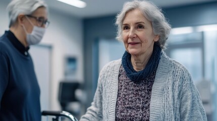Fototapeta premium Doctor and elderly woman with a walking frame in a modern rehabilitation center, focusing on healthcare and support