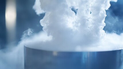 Close-up of swirling vapor rising from a metallic surface, creating a mystical and ethereal atmosphere with soft blue tones.