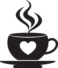 coffee cup with heart silhouette, black and white silhouette, vector and illustration