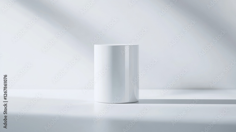 Poster sleek design of white cylindrical container with glossy finish centered on bright white surface with
