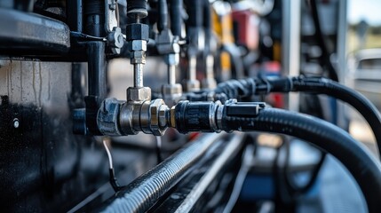 Close-up of industrial piping with metallic connectors and flexible hoses, showcasing a meticulous arrangement of plumbing equipment.