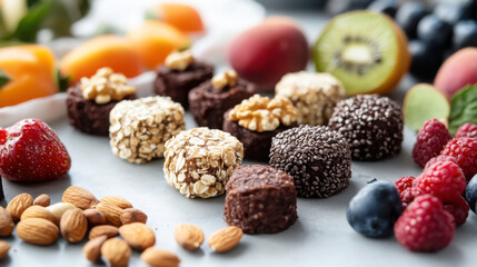 Assorted gluten free breakfast bites with fresh nuts and fruits arrangement