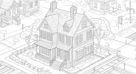 Fototapeta premium Detailed House & Home Building Design Coloring Book: Outline Sketch Doodle Illustrations with Page Drawing Elements