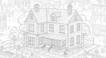 Obraz premium Detailed House & Home Building Design Coloring Book: Outline Sketch Doodle Illustrations with Page Drawing Elements