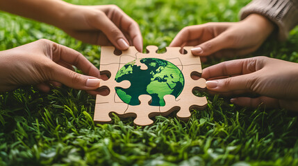 Multiple hands work together to assemble a wooden puzzle featuring a painted Earth, symbolizing global unity, environmental awareness, teamwork, and sustainability in an outdoor natural setting.  
