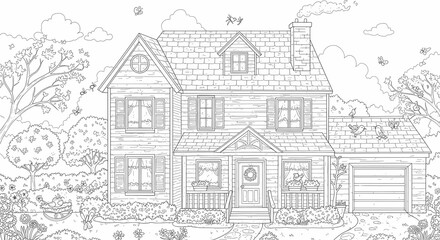 Obraz premium Detailed House & Home Building Design Coloring Book: Outline Sketch Doodle Illustrations with Page Drawing Elements