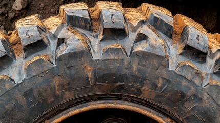 Fototapeta premium Close-up of a rugged all-terrain tire covered in dirt, showcasing its durable tread designed for off-road capabilities.