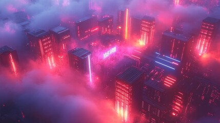 Obraz premium Neon cityscape aerial view, fog, futuristic city, vibrant lights