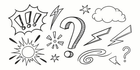 Set of black hand drawn anime manga doodle grunge line elements curved charcoal, chalk arrows, speech bubble, abstract shapes, graphic effects for character emotion. Scribble stroke symbols vector