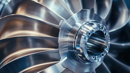 Close-up of a gleaming turbine engine component, showcasing intricate details of its metallic structure and precision engineering.