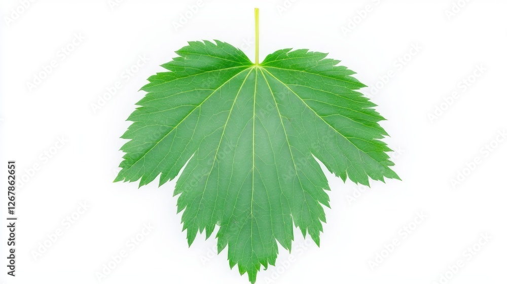 Poster a green leaf with a distinct shape and texture against a white background.