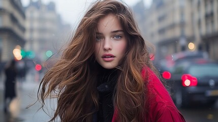 Parisian woman in red coat, windy hair, city street background
