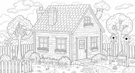 Obraz premium Detailed House & Home Building Design Coloring Book: Outline Sketch Doodle Illustrations with Page Drawing Elements